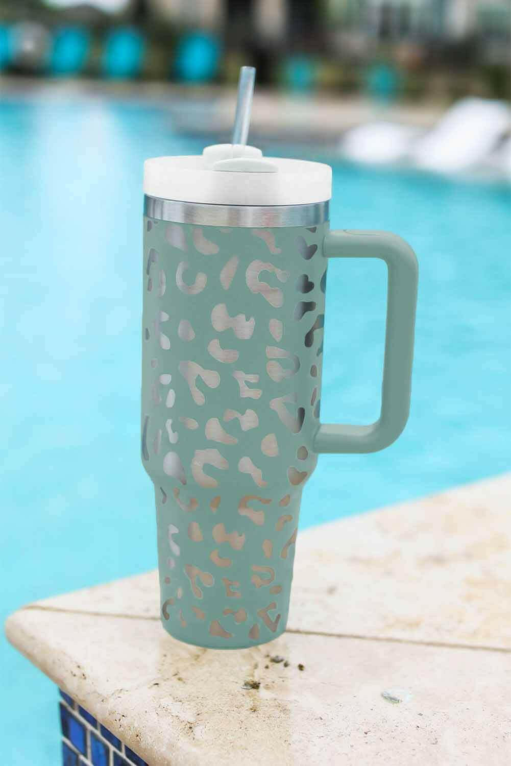 White Leopard Print 40OZ Stainless Steel Portable Cup with Handle.