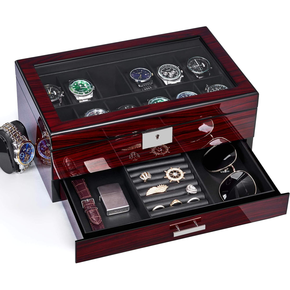 ANWBROAD 12-Slot Watch Box with Jewelry Storage &amp; Glass Lid