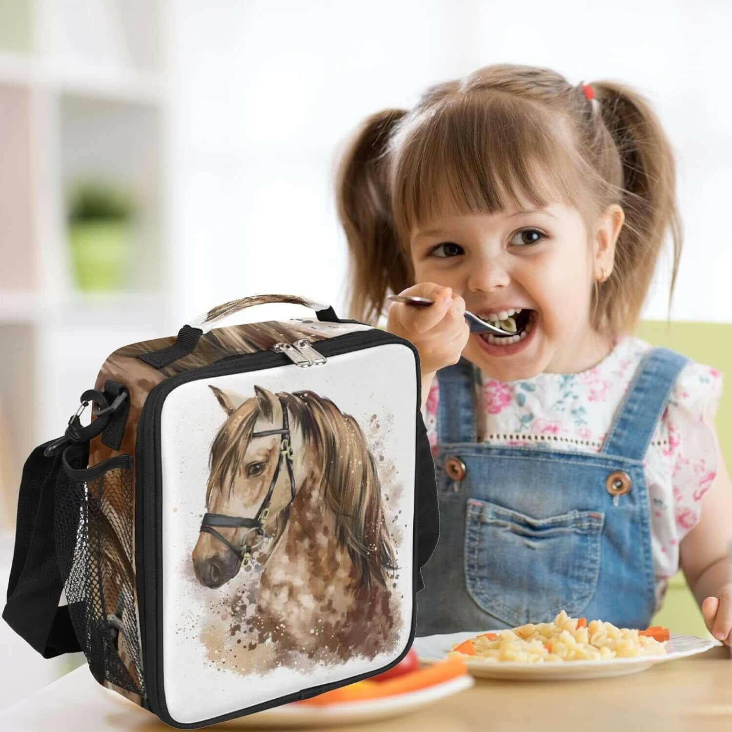 Horse Lunch Bag for Girls, Watercolor Animal Horse Lunch Box Reusable Insulated Leakproof Lunch Bag for Kids Thermal Cooler Lunch Tote with Removable Shoulder Strap for Elementary Daycare Picnic