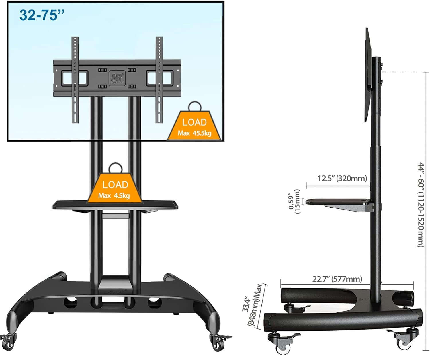 Mobile TV Cart with Wheels for 32 to 75 Inch TVs