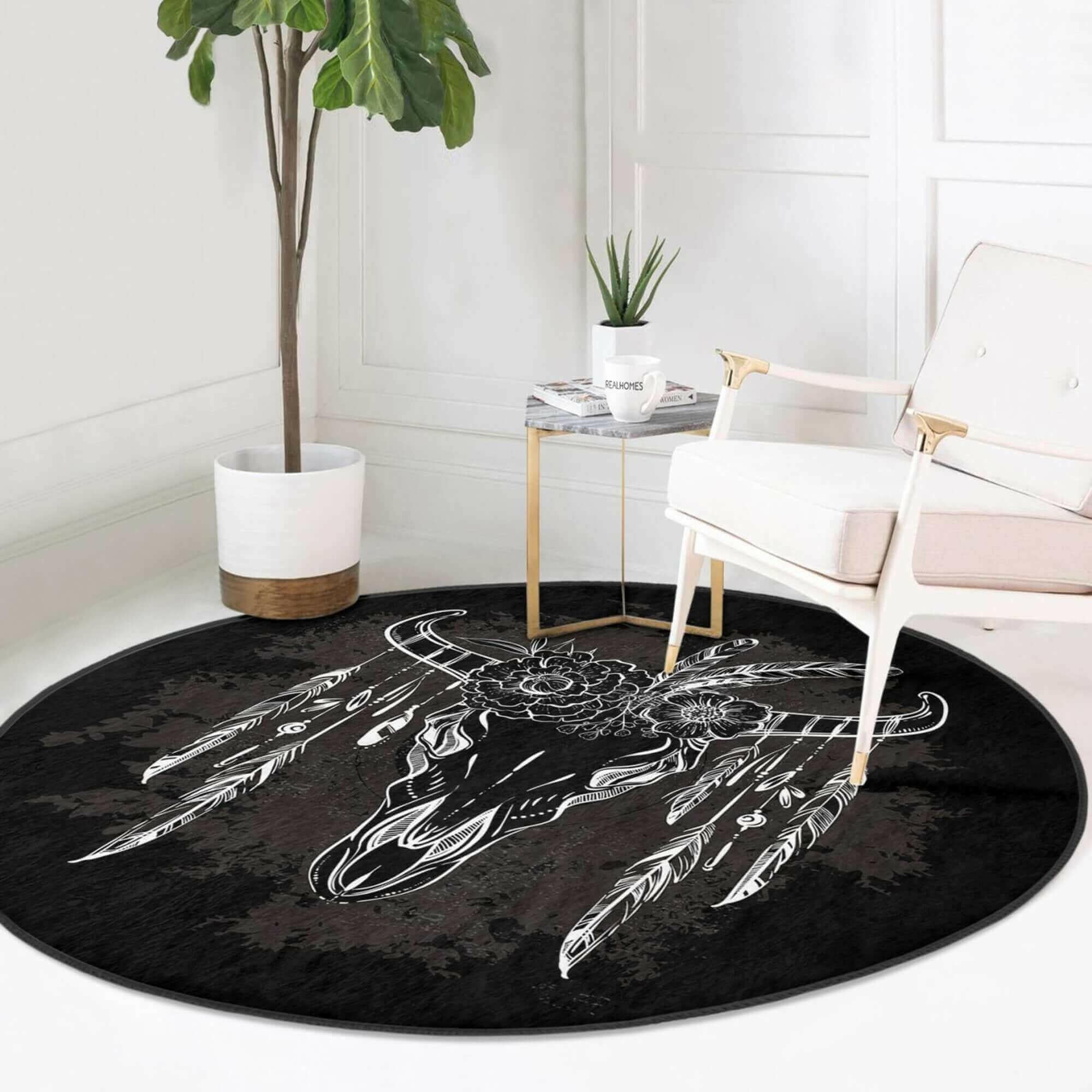 Native American Bull Decorative Round Rug, Native American Bull Non