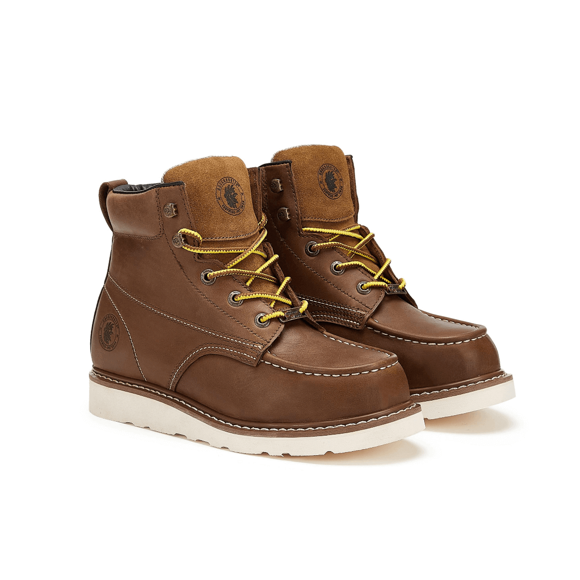 ROCKROOSTER Edgewood Men's 6 inch Brown soft toe wedge work boots.