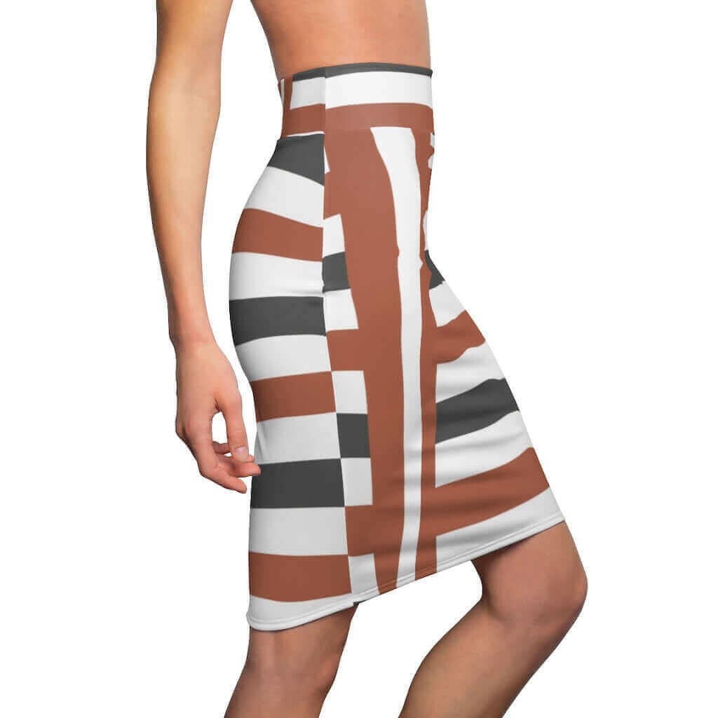 Womens Skirt, Brown and Grey Stripes Pencil Skirt, S43625.