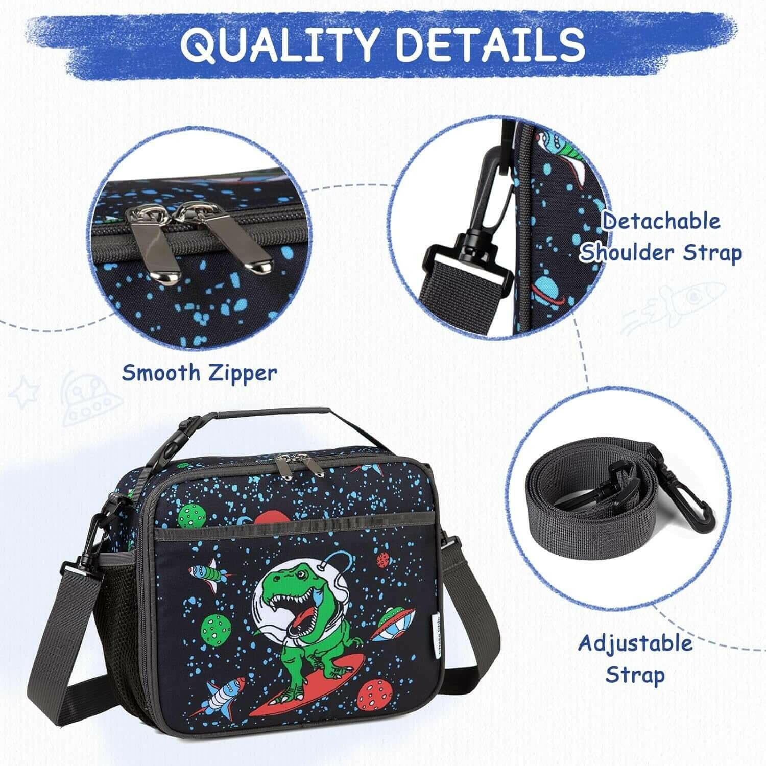 Dinosaur Lunch Bag, Kids Insulated Lunch Bag with Adjustable Clip-On Handle Kids Lunch Box for Girls Boys School Picnic Lightweight Reusable Lunch Handbag with External Bottle Holder