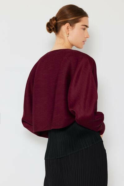 Rib Pleated Puff Sleeve Bolero Cardigan.