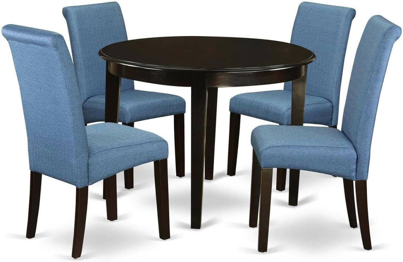 BOBA5-CAP-21 Boston 5 Piece Kitchen Set Includes a round Dining Room Table and 4 Blue Color Linen Fabric Parsons Dinette Chairs, Cappuccino, 42X42 Inch