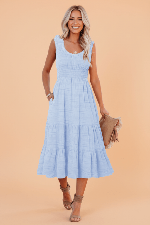 Shirred Pleated Square Neck Sleeveless Midi Dress