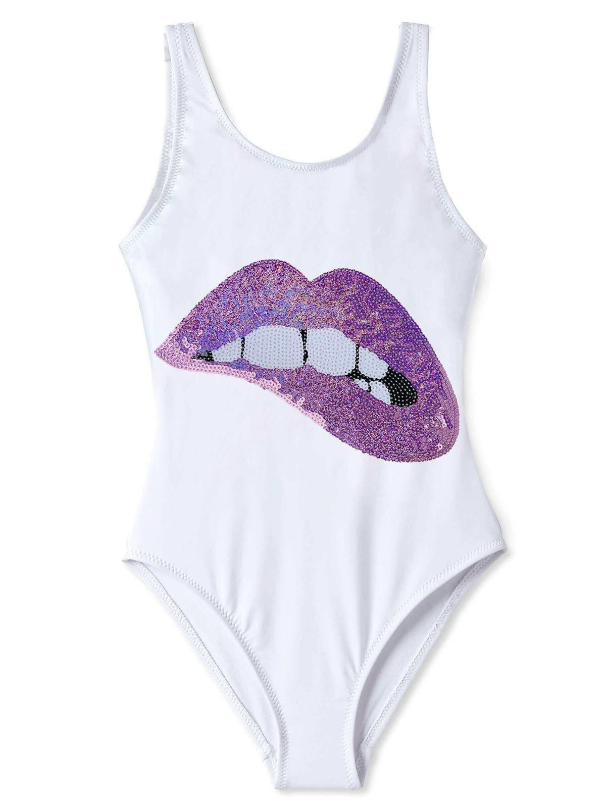 White Tank Swimsuit with Lip Sequin.