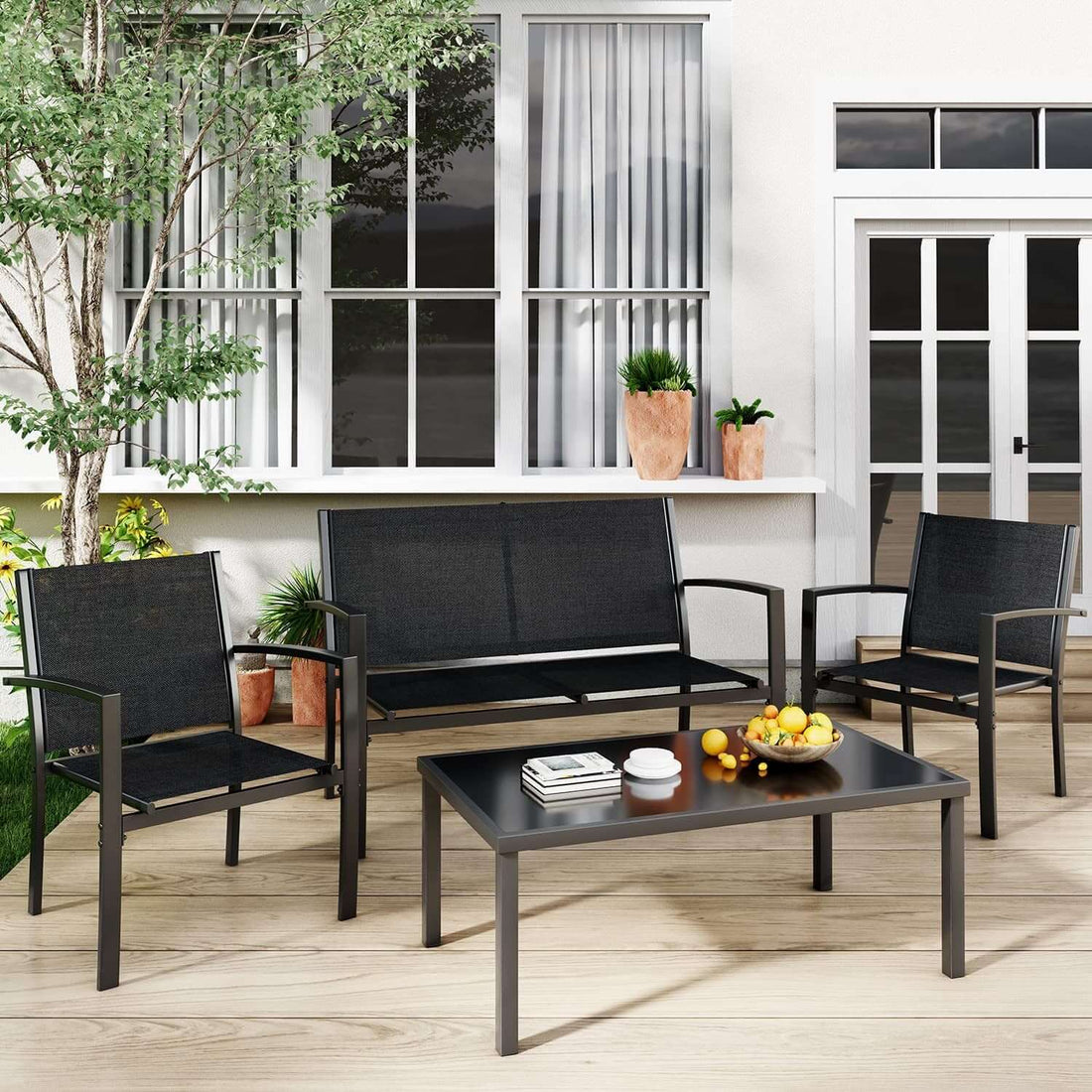 4 Piece Black Patio Furniture Set Outdoor Lounge Chairs