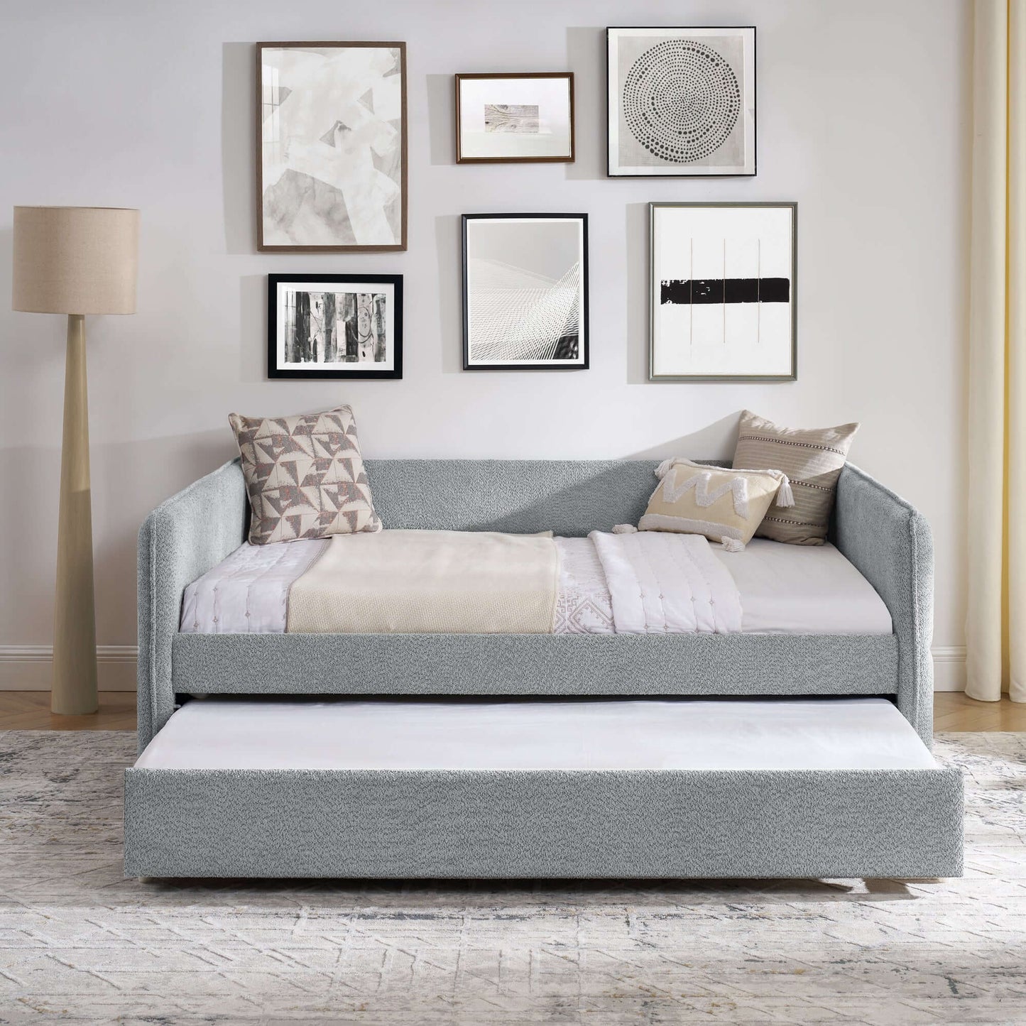 Daybed with Trundle Upholstered Tufted Sofa Bed, Full Size, Boucle