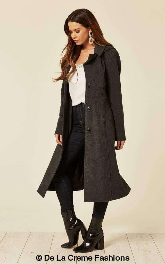 Wool Blend Hooded Mid Length Coat (1704)