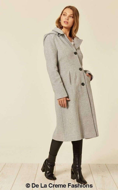 Wool Blend Hooded Mid Length Coat (1704)