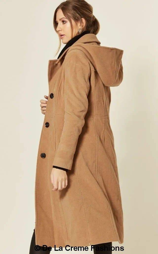 Wool Blend Hooded Mid Length Coat (1704)