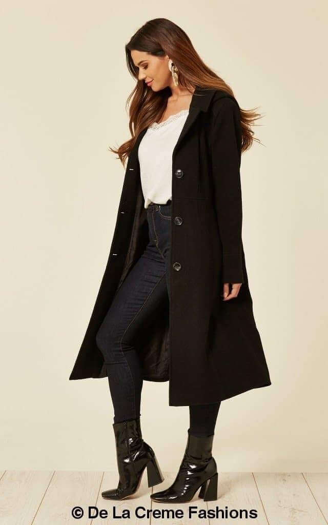 Wool Blend Hooded Mid Length Coat (1704)