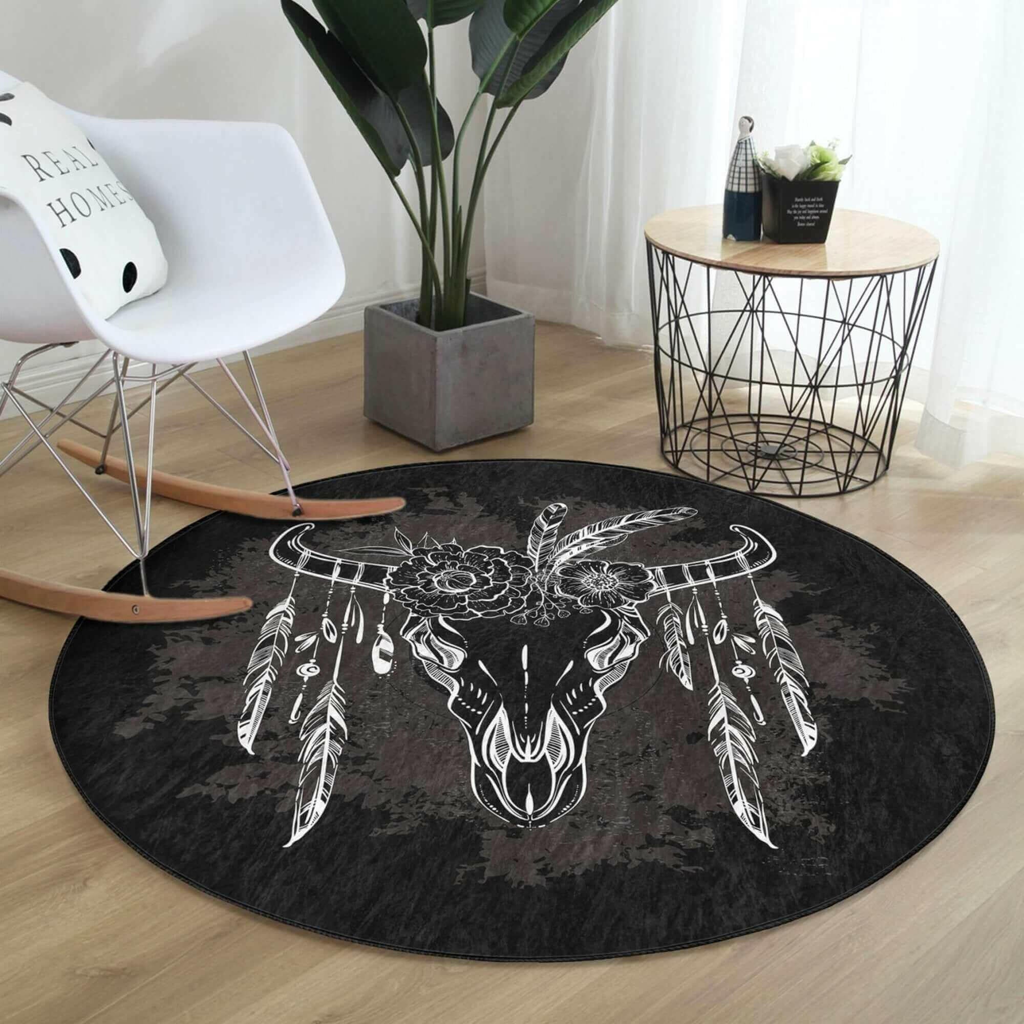 Native American Bull Decorative Round Rug, Native American Bull Non