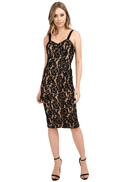 Bianca Lace Bodycon Midi Dress - Back Gold Zipper Detail