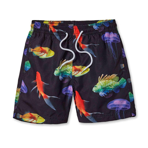 Board Shorts with Neon Fish on Black.