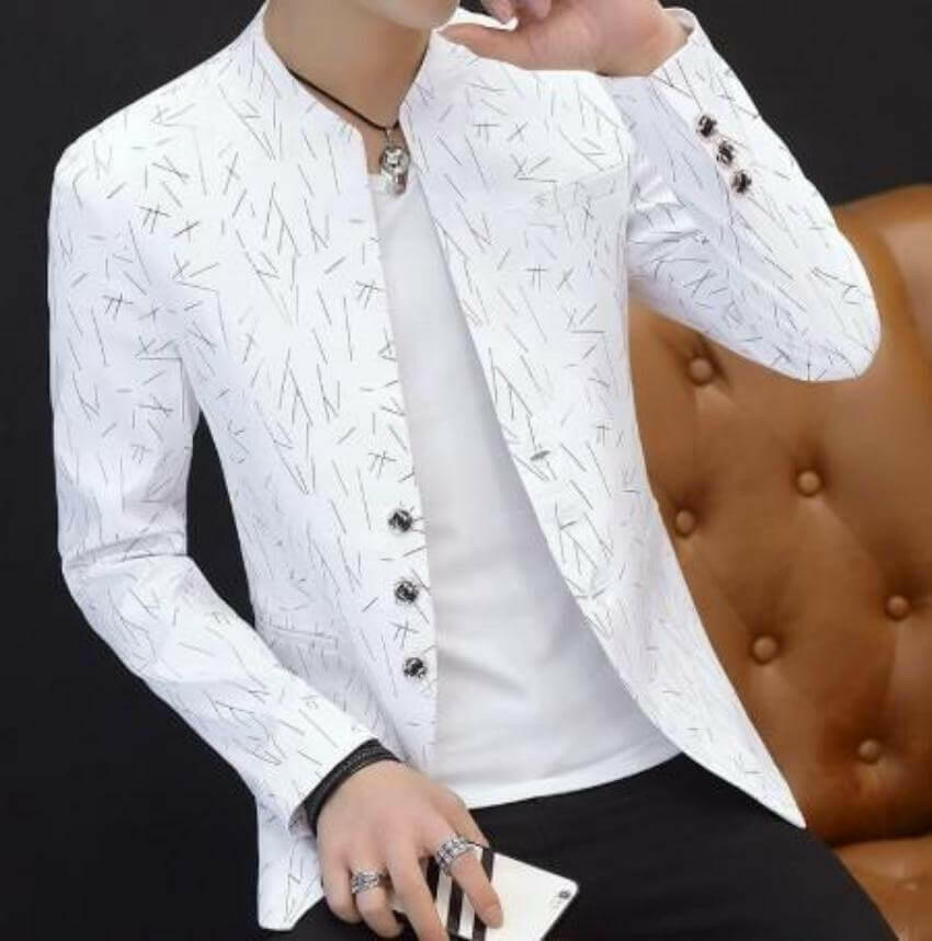 Mens Slim Round Stand Collar Pattern Blazer.