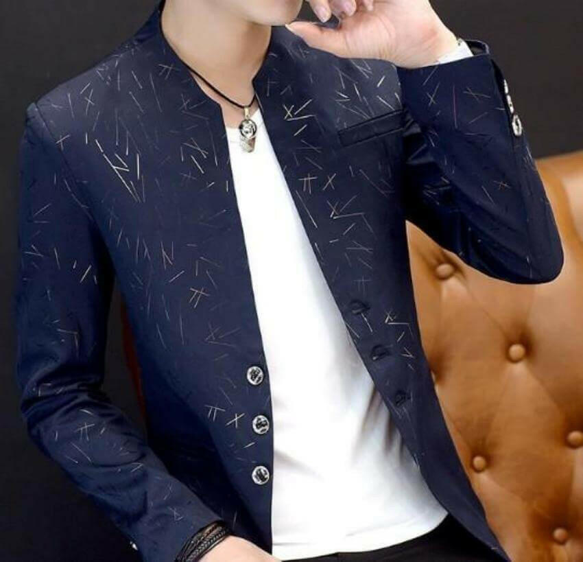 Mens Slim Round Stand Collar Pattern Blazer.