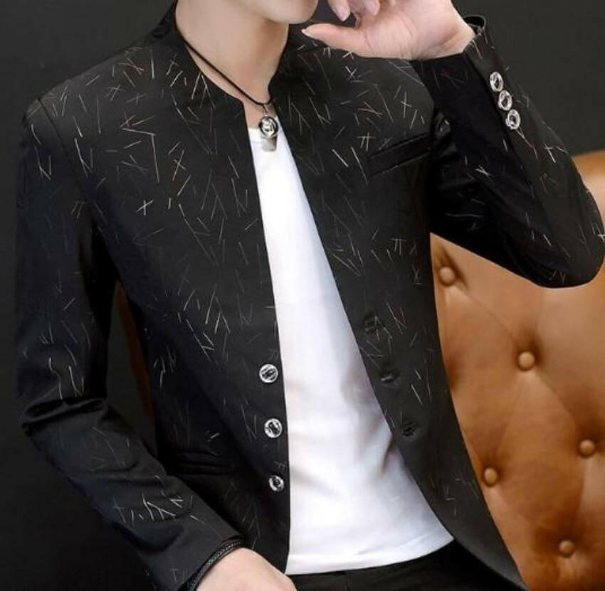 Mens Slim Round Stand Collar Pattern Blazer.