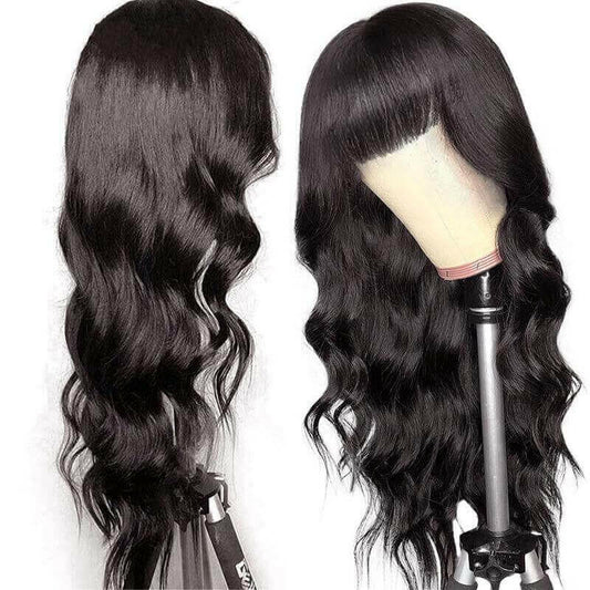 Body Wave Human Hair Wigs With Bangs Full Machine Made Brazilian Human.