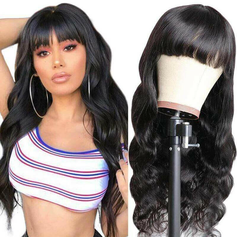 Body Wave Human Hair Wigs With Bangs Full Machine Made Brazilian Human.