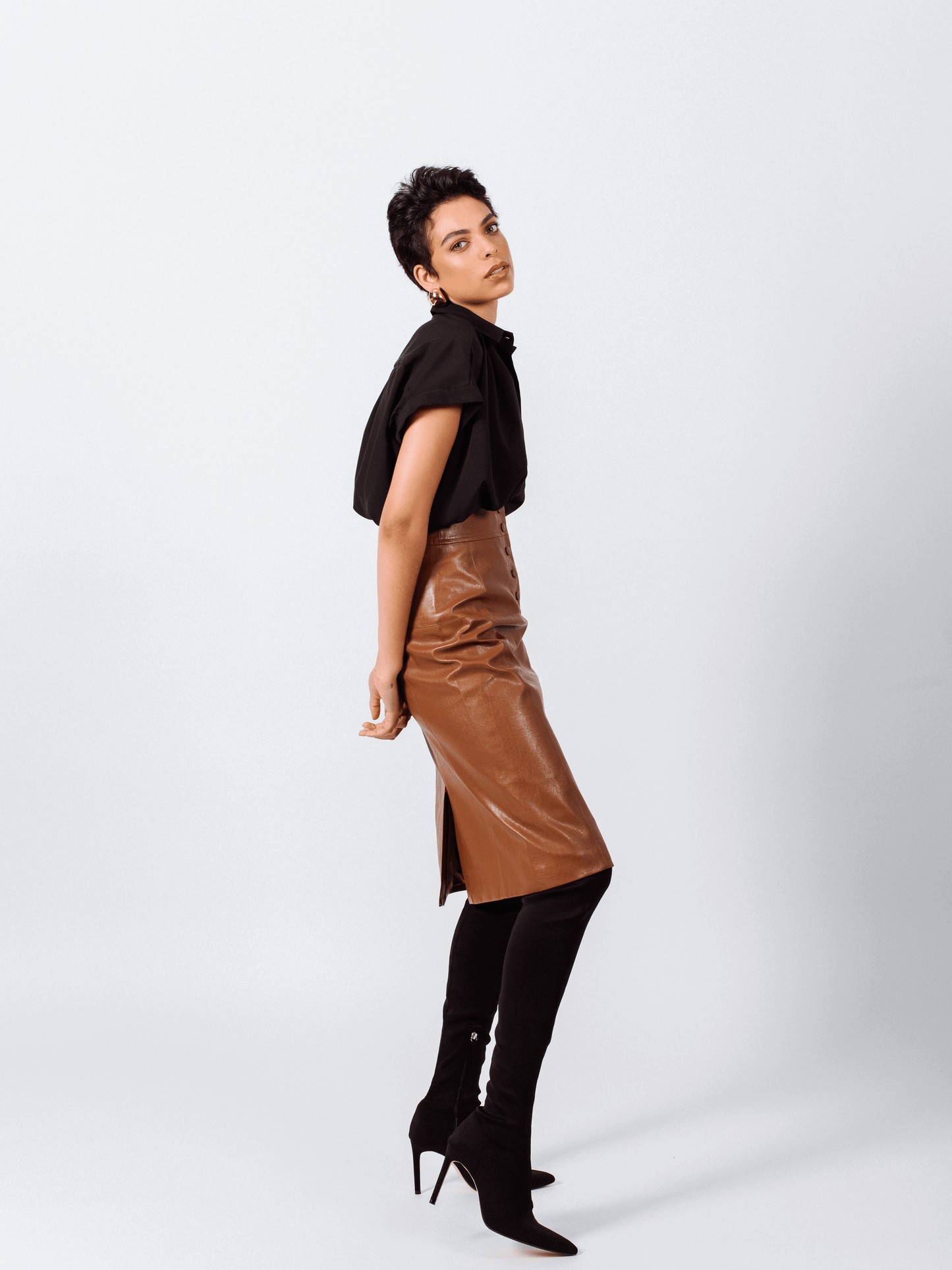 Glossy Brown Vegan Leather Pencil Skirt.