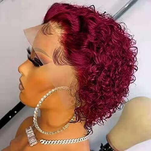 Ombre Short Pixie Cut 13x4x1 T Lace Front Curly Human Hair Wigs 8 Inch