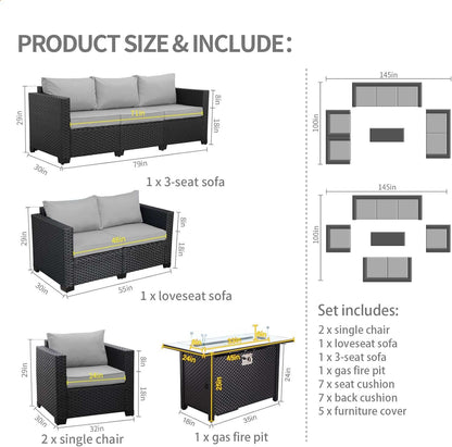 5-Piece Outdoor Patio Furniture Set With 60000 BTU Fire Pit Light Grey