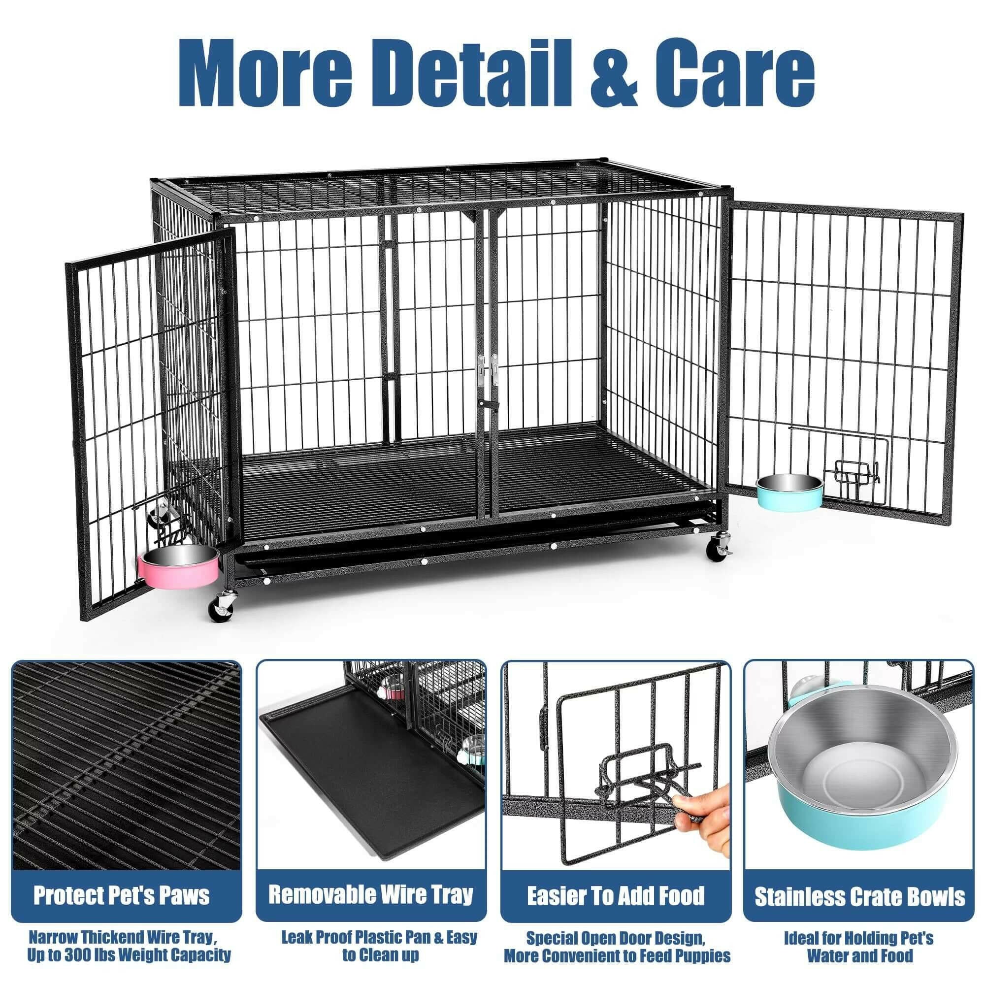 37" Heavy Duty Dog Crate for Large Dogs, 2-In-1 Stackable Dog Kennels and Metal Wire Cages with Wheels,Sturdy Locks Design, Feeding Bowls,Leak-Proof Pan,Double Door and Removable Tray Design