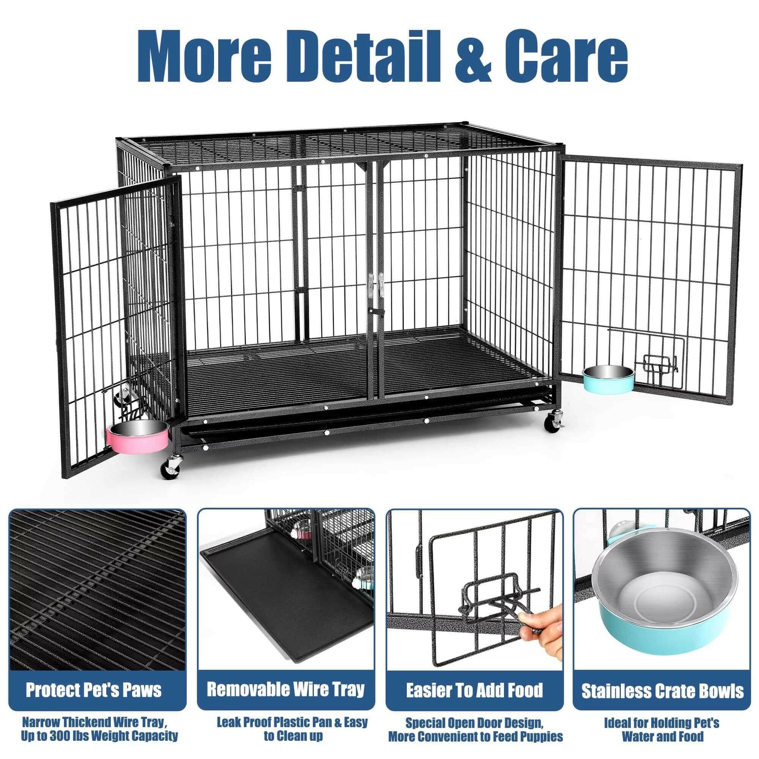 37&quot; Heavy Duty Dog Crate for Large Dogs, 2-In-1 Stackable Dog Kennels and Metal Wire Cages with Wheels,Sturdy Locks Design, Feeding Bowls,Leak-Proof Pan,Double Door and Removable Tray Design