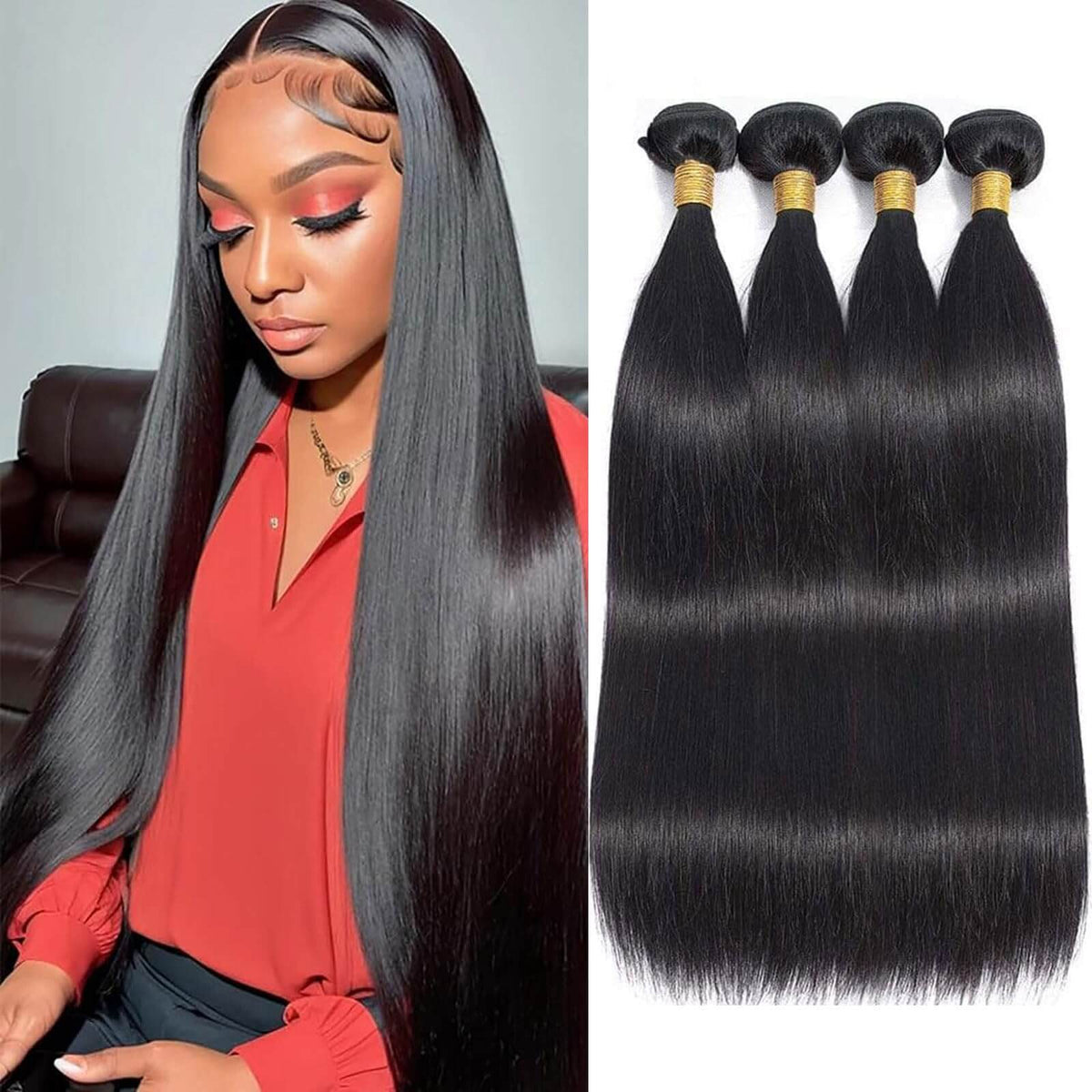 Straight Human Hair Bundles – 24, 26, 28 &amp; 30 Inches, Natural Black