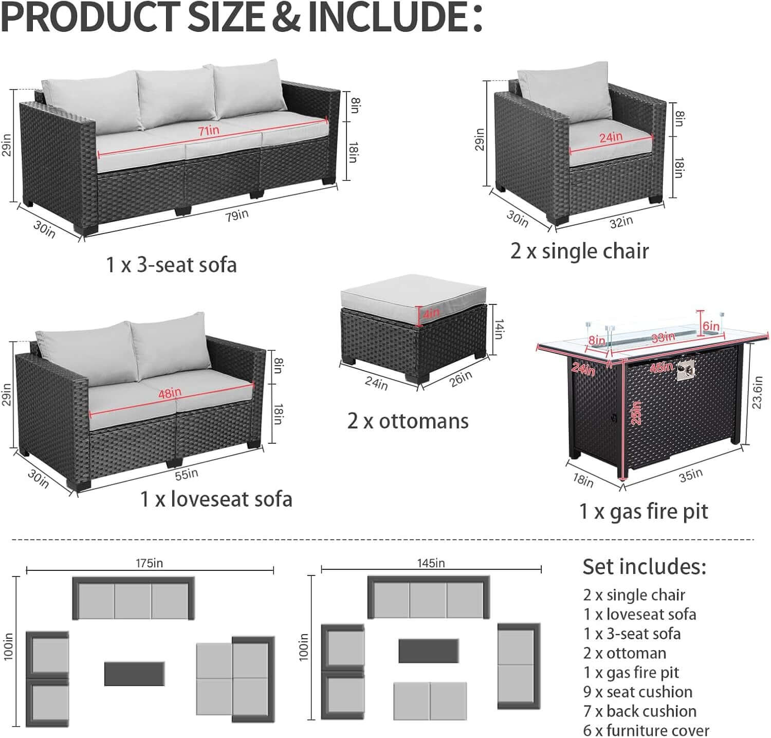 7 Piece Outdoor Furniture Set With 45 Inch Fire Pit