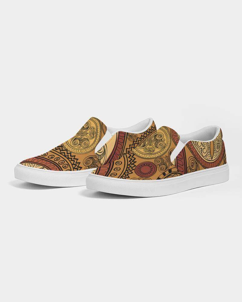 Mens Sneakers, Brown Paisley Low Top Canvas Slip-on Sports Shoes -