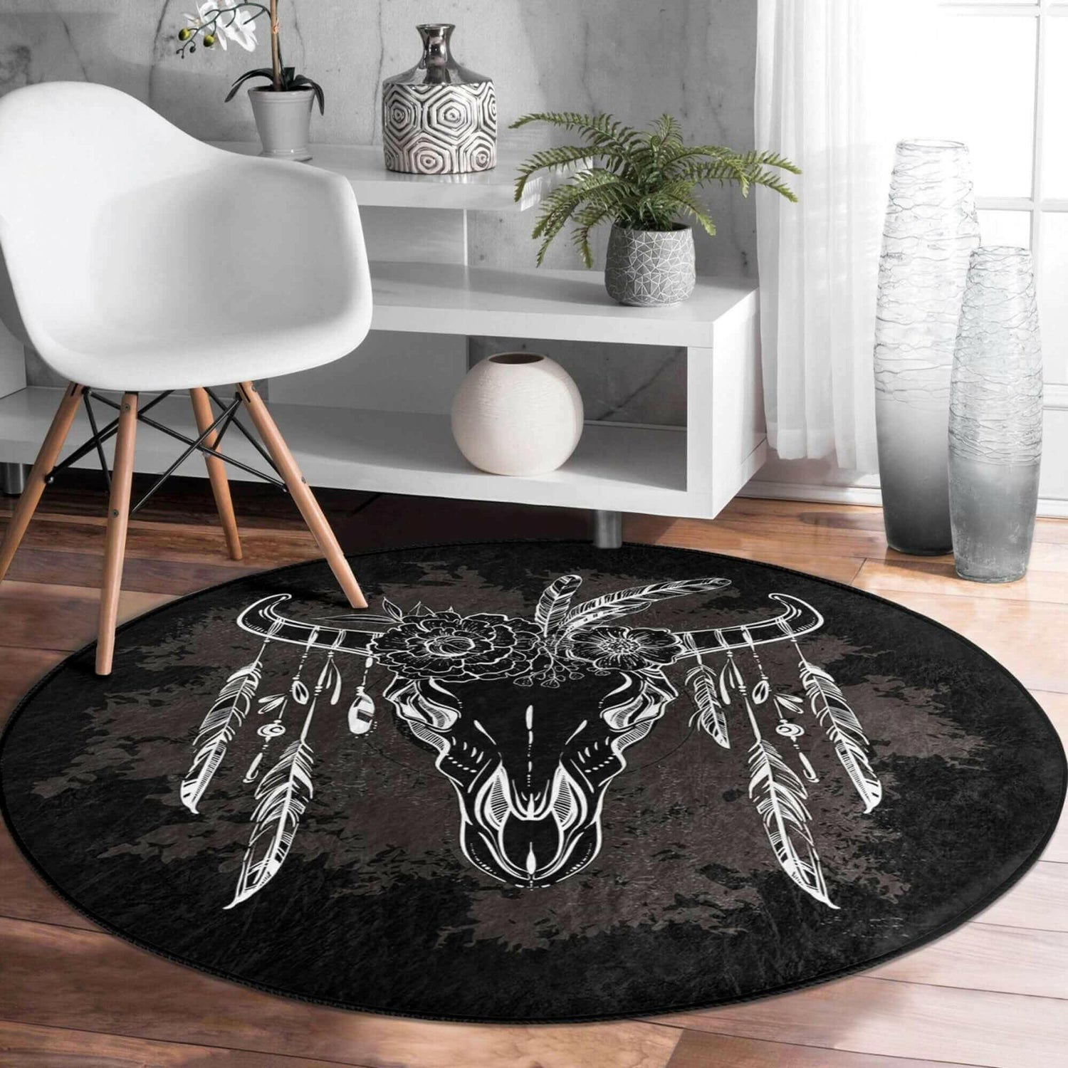 Native American Bull Decorative Round Rug, Native American Bull Non