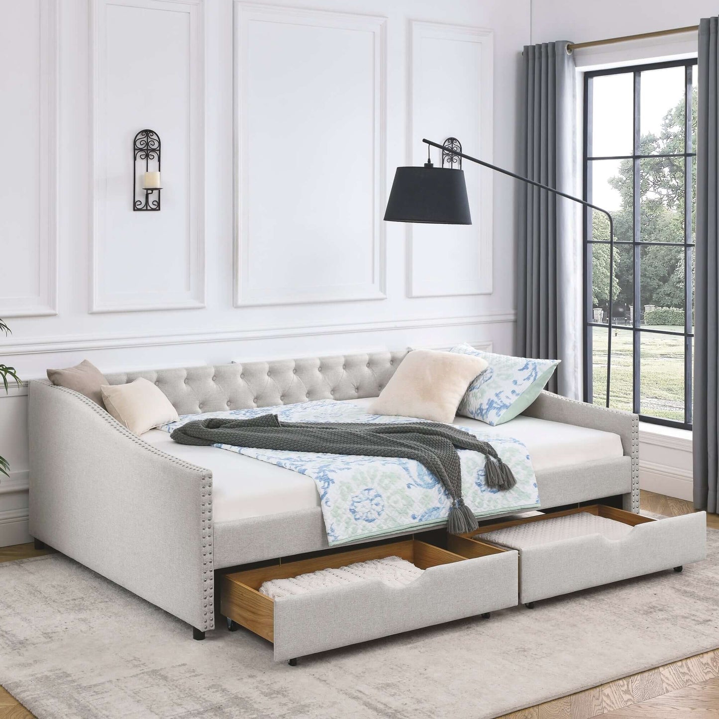 Queen Size Daybed with Drawers Upholstered Tufted Sofa Bed,,with