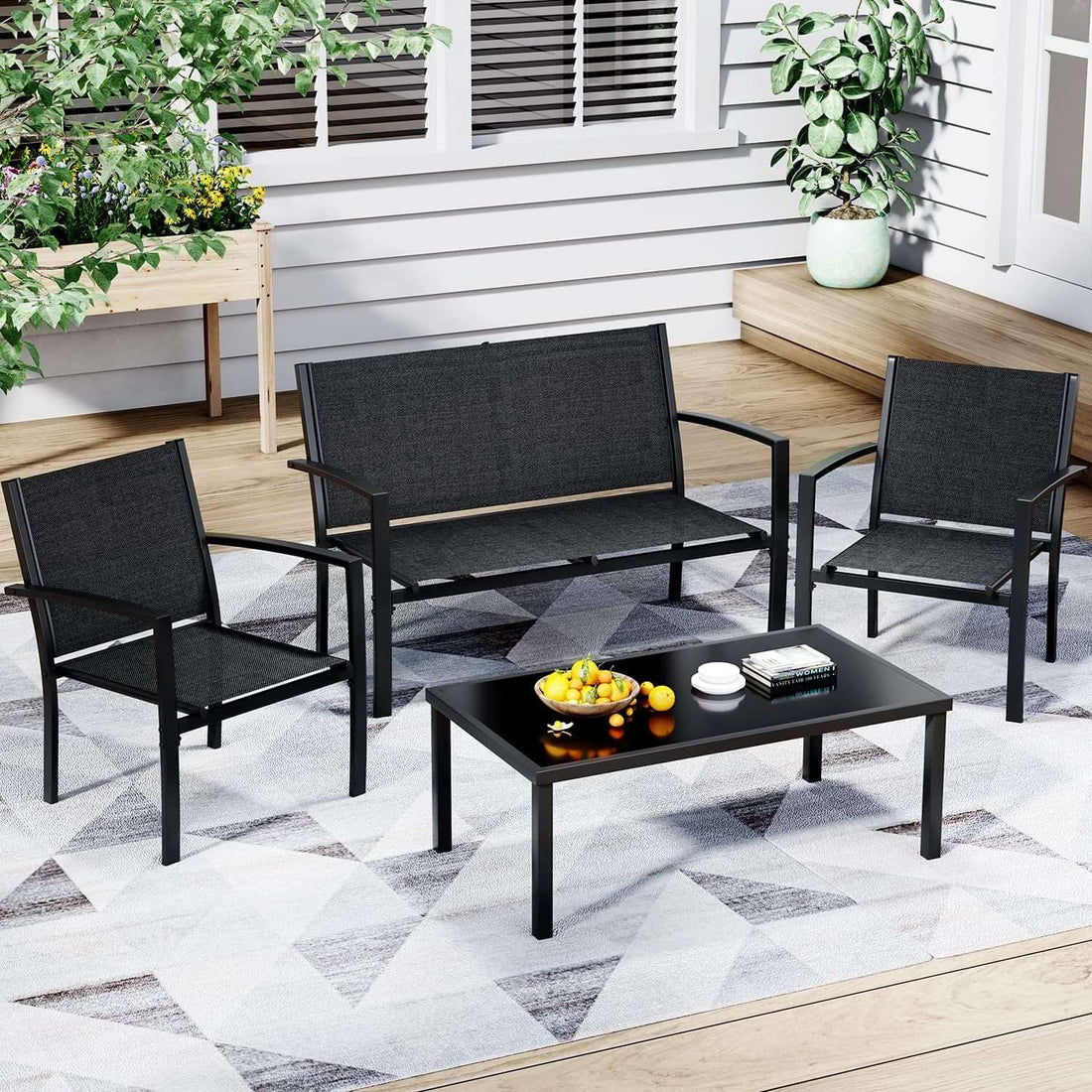 4 Piece Black Patio Furniture Set Outdoor Lounge Chairs