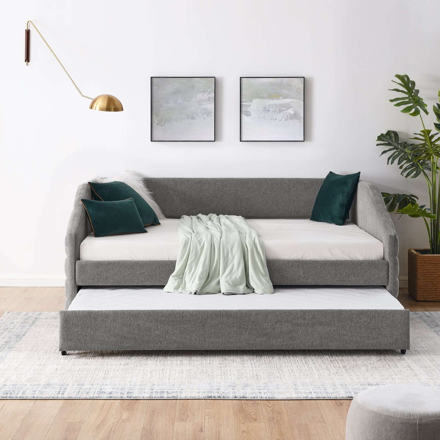 Full Size Daybed with Trundle Upholstered Tufted Sofa Bed, Linen