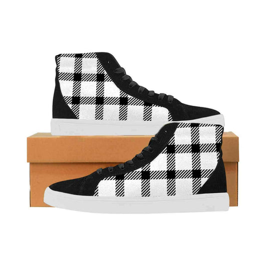 Sneakers For Men, Black And White Buffalo Plaid High Top Sports Shoes.