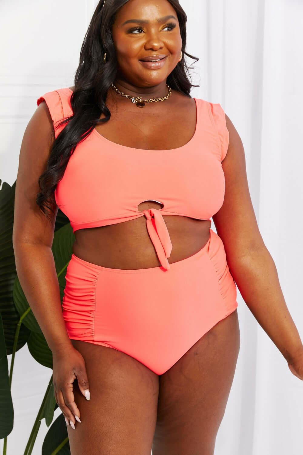 Marina West Swim Sanibel Crop Swim Top and Ruched Bottoms Set in Coral.