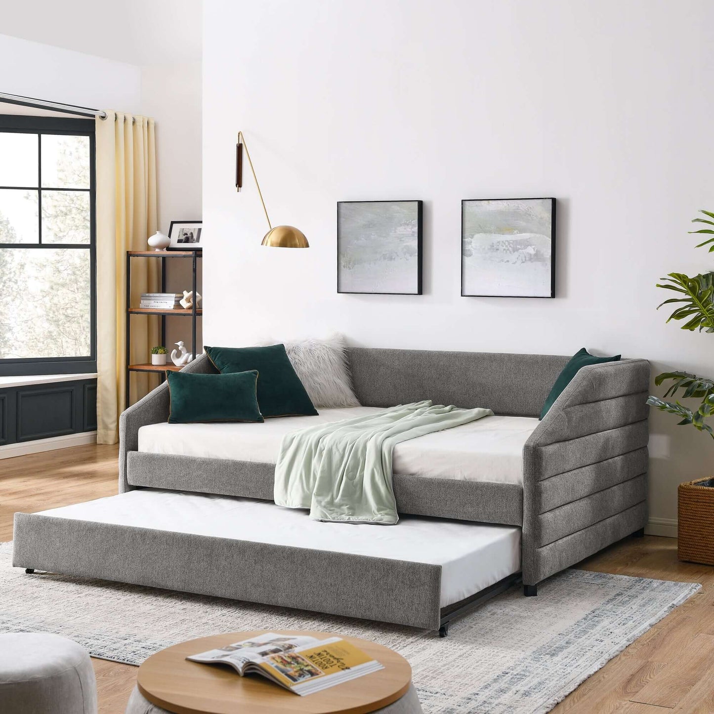 Full Size Daybed with Trundle Upholstered Tufted Sofa Bed, Linen