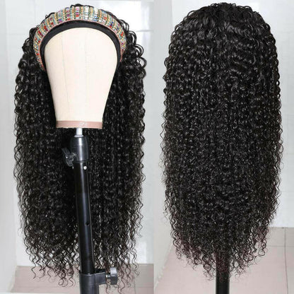 Headband Wig Jerry Curl Human Hair Scarf Wig No GLUE Easy Wear.