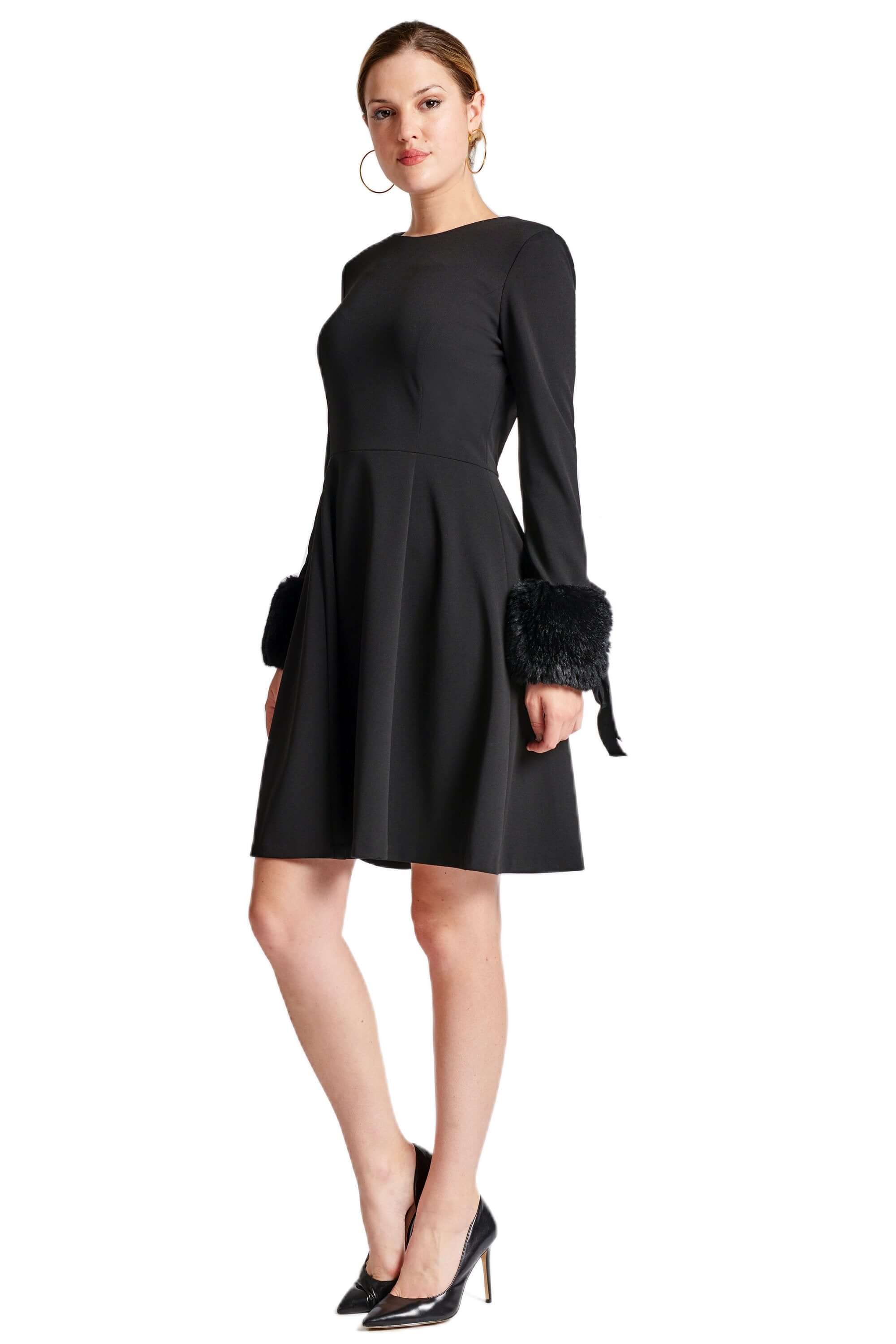Caroline Dress - Long Sleeve Fit &amp; Flare Black Dress with Faux Fur