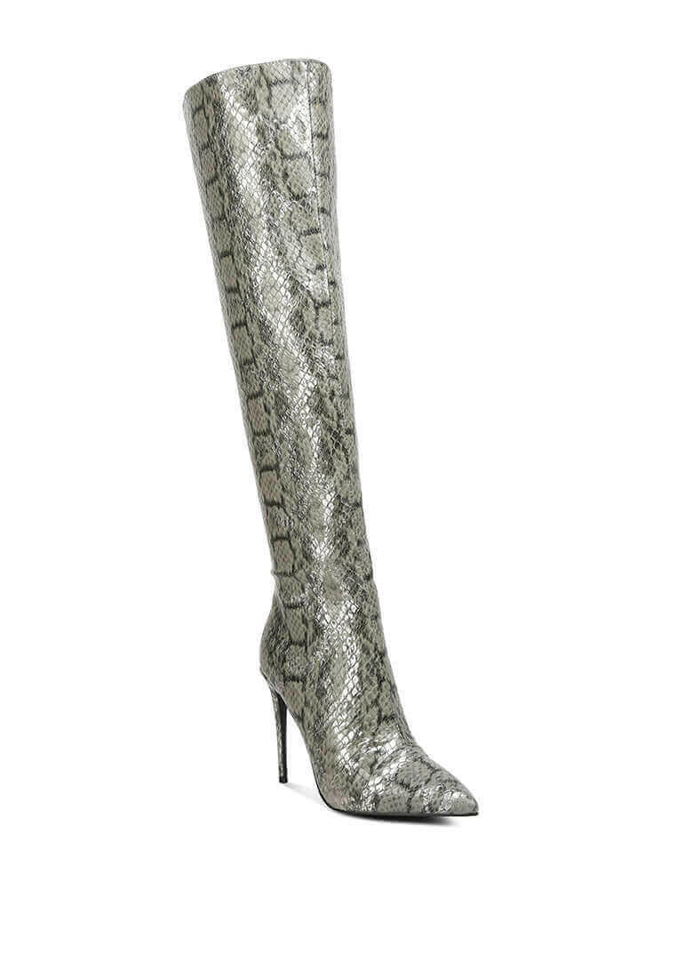 catalina snake print stiletto knee boots.