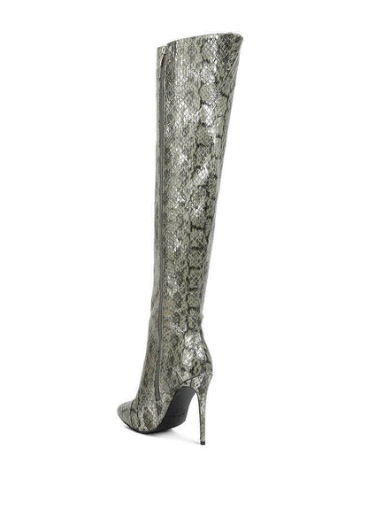 catalina snake print stiletto knee boots.