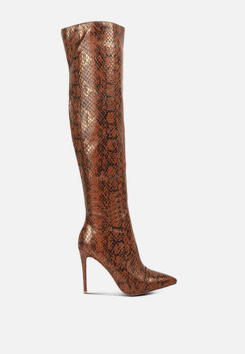 catalina snake print stiletto knee boots.