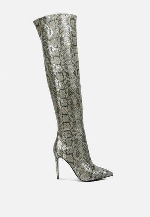 catalina snake print stiletto knee boots.