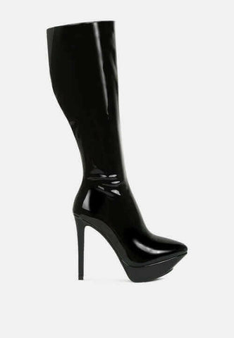 chatton patent stiletto high heeled calf boots.