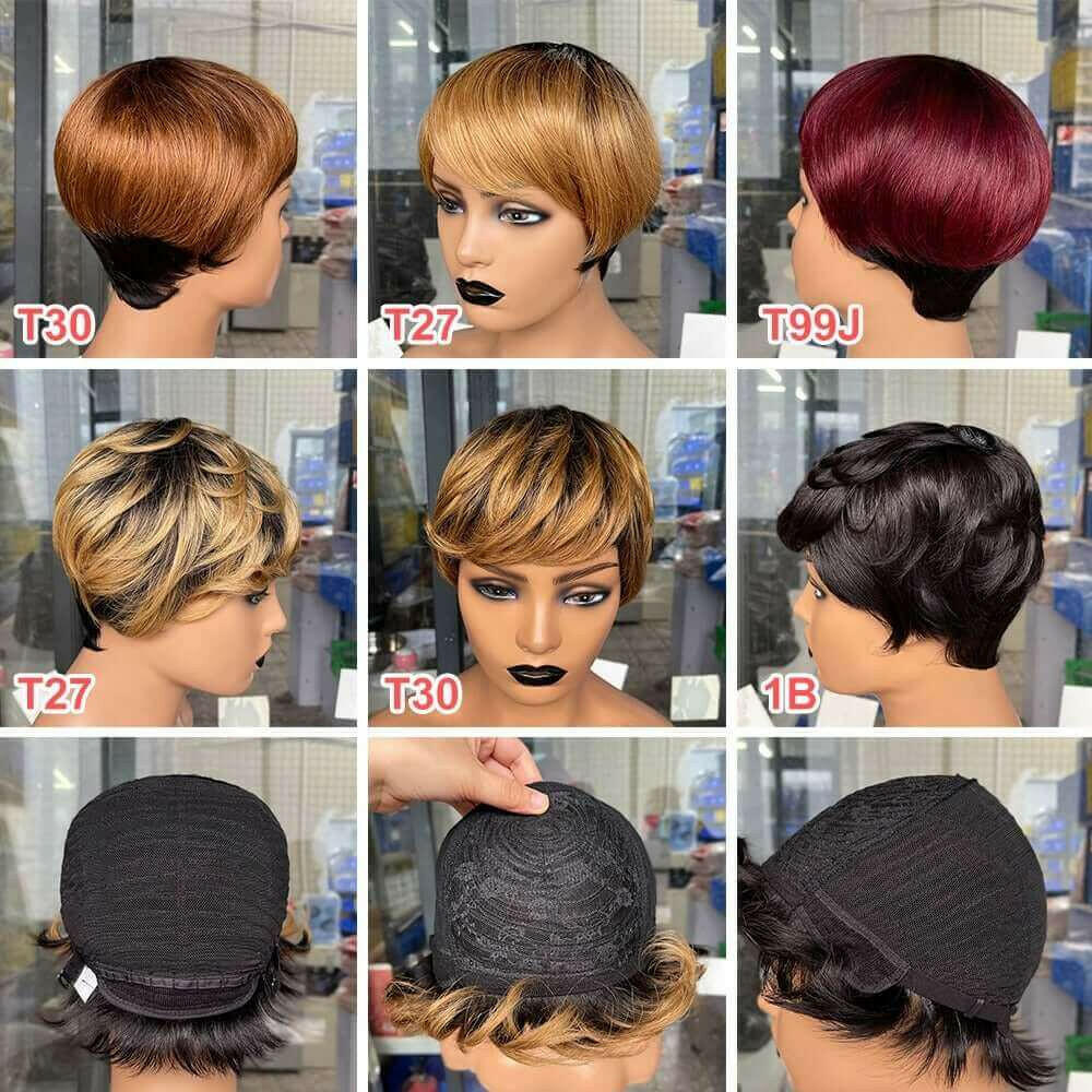 6inch #Burg Pixie Short Cut 100% Straight Human Hair Wig with Bangs Br.