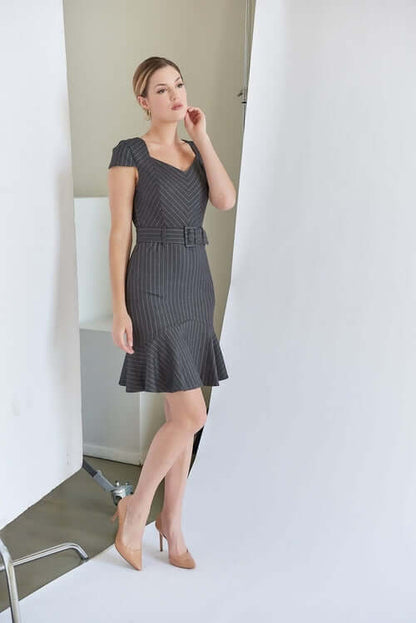 Chelsea Pinstripe Dress - V-Neck Cap Sleeve Work Dress with Ruffle Hem